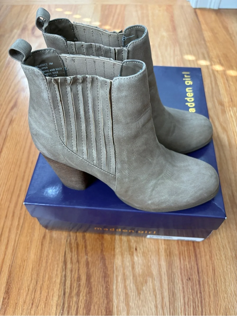 Madden Girl Women’s Taupe Ankle Bootie with Stacked Heel